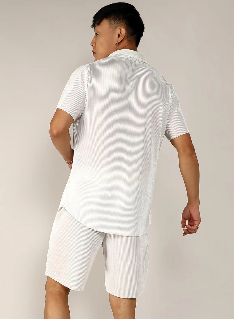 CAHOOT  Men's Chalk White Pleated Co-Ord Set For Casual Wear | Spread Collar | Short Sleeve | Button Closure | Co-Ords Crafted With Comfort Fit For Everyday Wear for Men | Best Price UAE